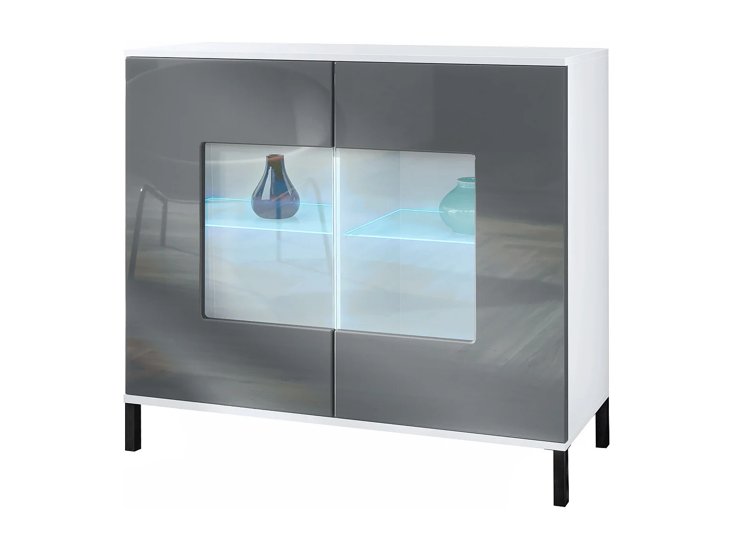 Commode Grömitz V3, Armoire de cuisine moderne avec 2 grandes portes vitrées incl. éclairage RGB blanc mat / gris haute brillance (92,5 x 83.5 x 35)