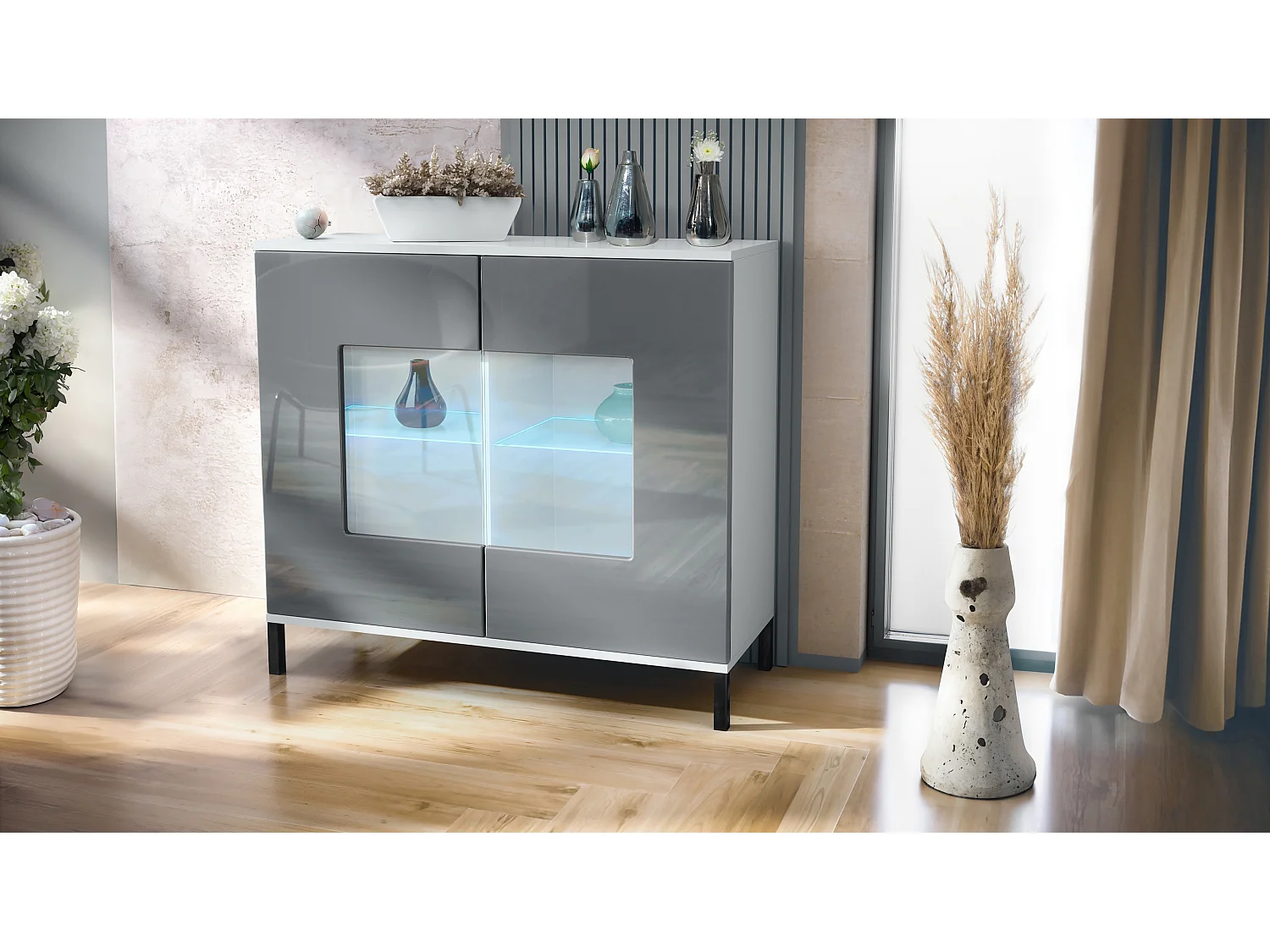 Commode Grömitz V3, Armoire de cuisine moderne avec 2 grandes portes vitrées incl. éclairage RGB blanc mat / gris haute brillance (92,5 x 83.5 x 35)