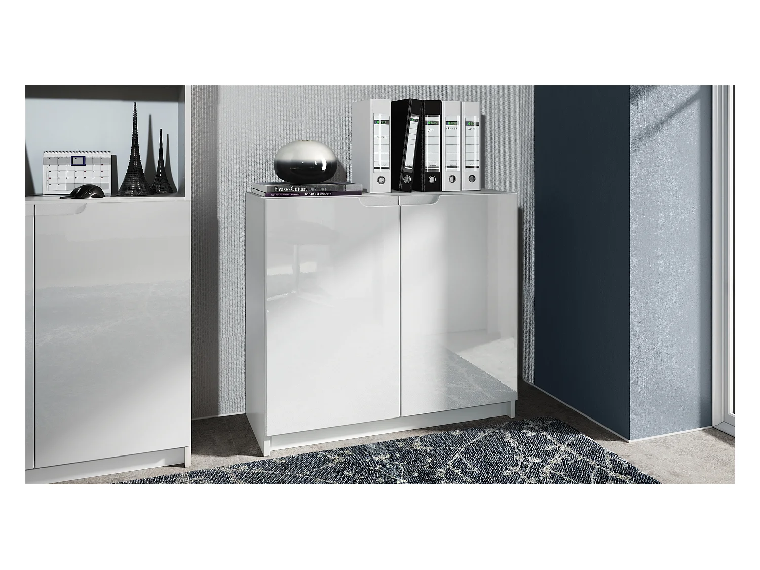 Buffet Logan, Commode avec 2 portes, blanc mat/blanc haute brillance (82 x 78 x 37 cm)