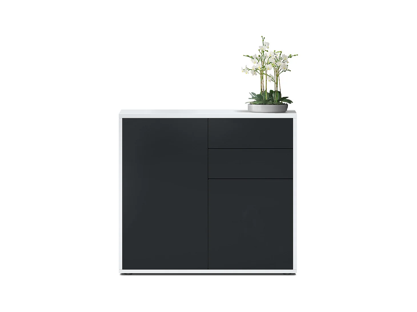 Buffet Ben, Commode avec 2 portes et 2 tiroirs, Blanc mat/Noir mat (79 x 74 x 36 cm)