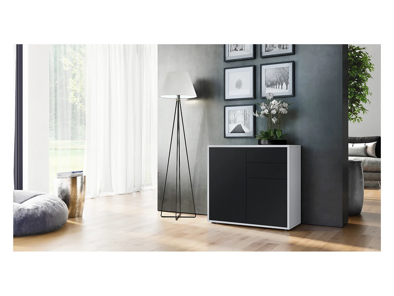 Buffet Ben, Commode avec 2 portes et 2 tiroirs, Blanc mat/Noir mat (79 x 74 x 36 cm)