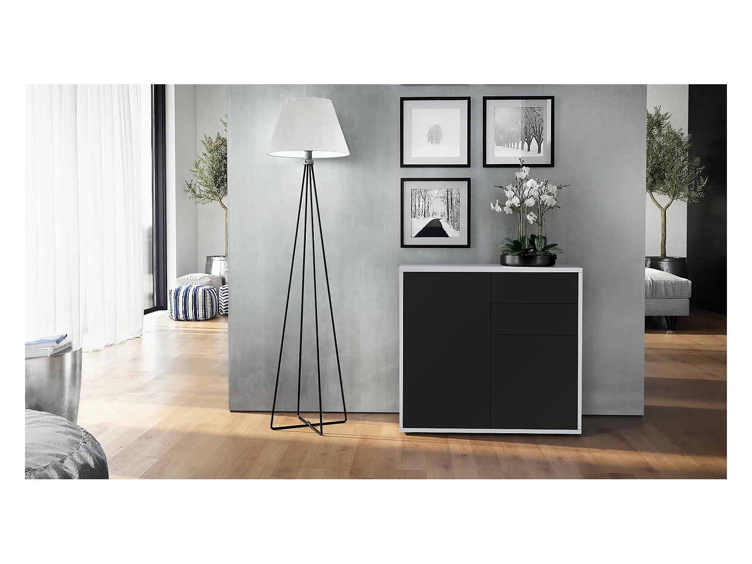 Buffet Ben, Commode avec 2 portes et 2 tiroirs, Blanc mat/Noir mat (79 x 74 x 36 cm)