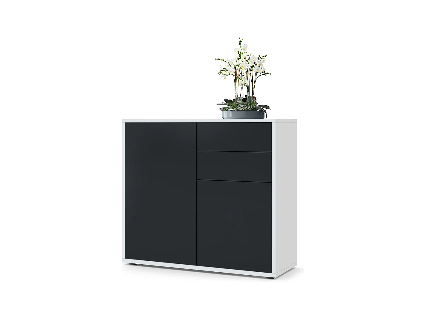 Buffet Ben, Commode avec 2 portes et 2 tiroirs, Blanc mat/Noir mat (79 x 74 x 36 cm)