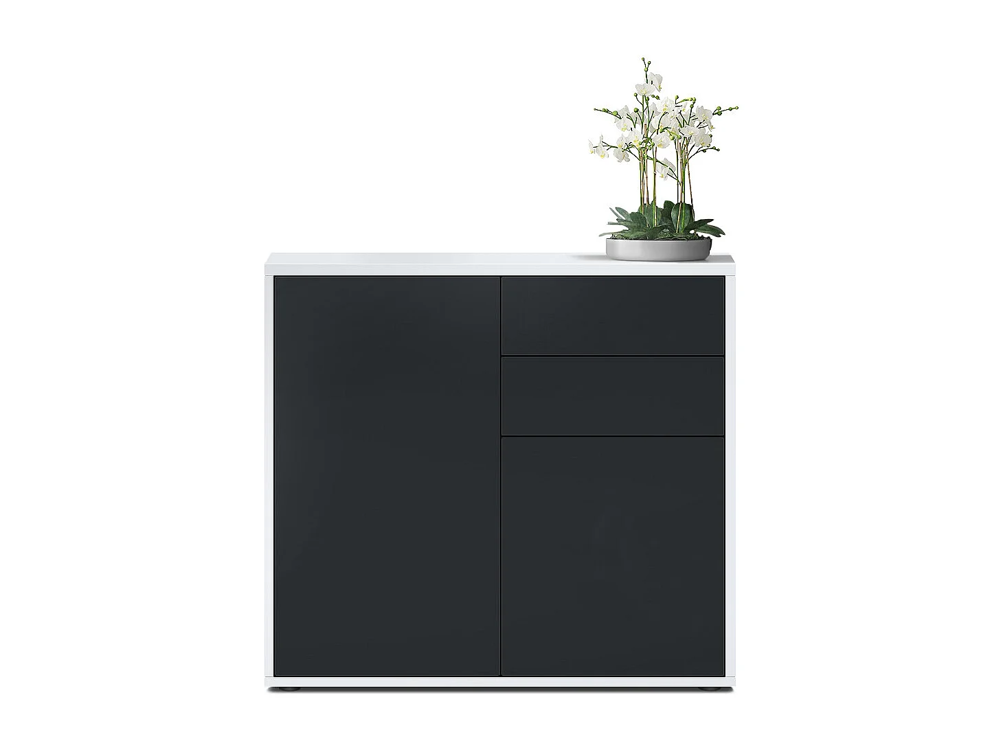 Buffet Ben, Commode avec 2 portes et 2 tiroirs, Blanc mat/Noir mat (79 x 74 x 36 cm)