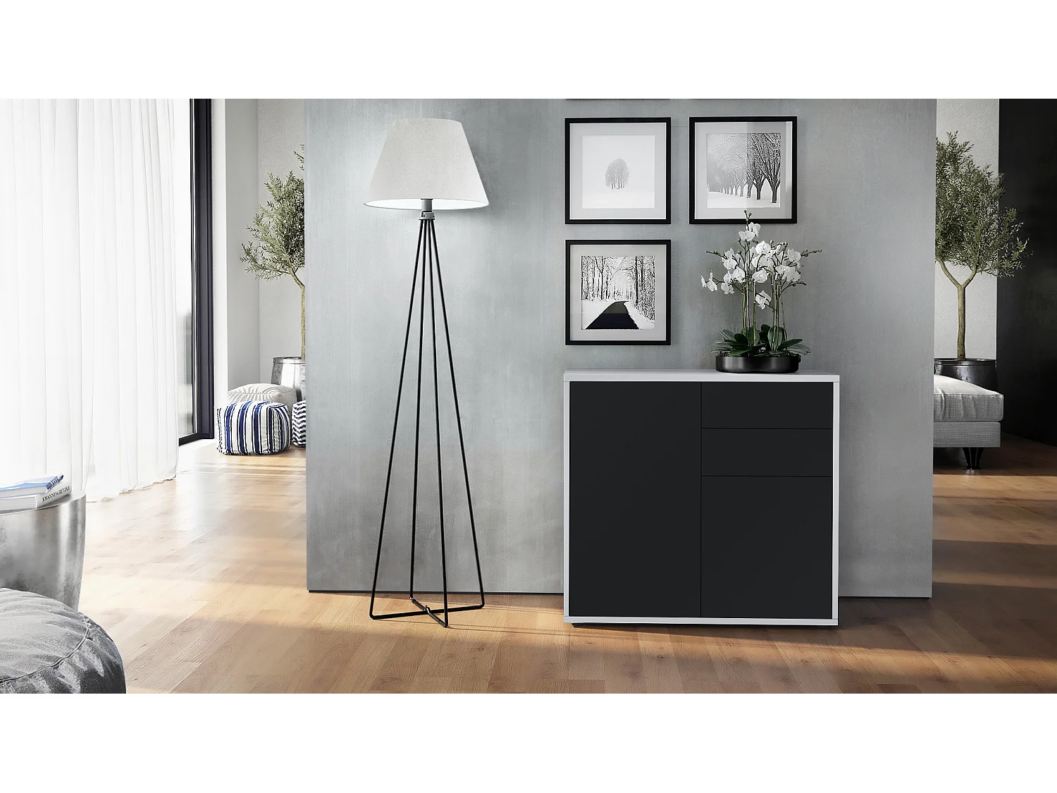 Buffet Ben, Commode avec 2 portes et 2 tiroirs, Blanc mat/Noir mat (79 x 74 x 36 cm)