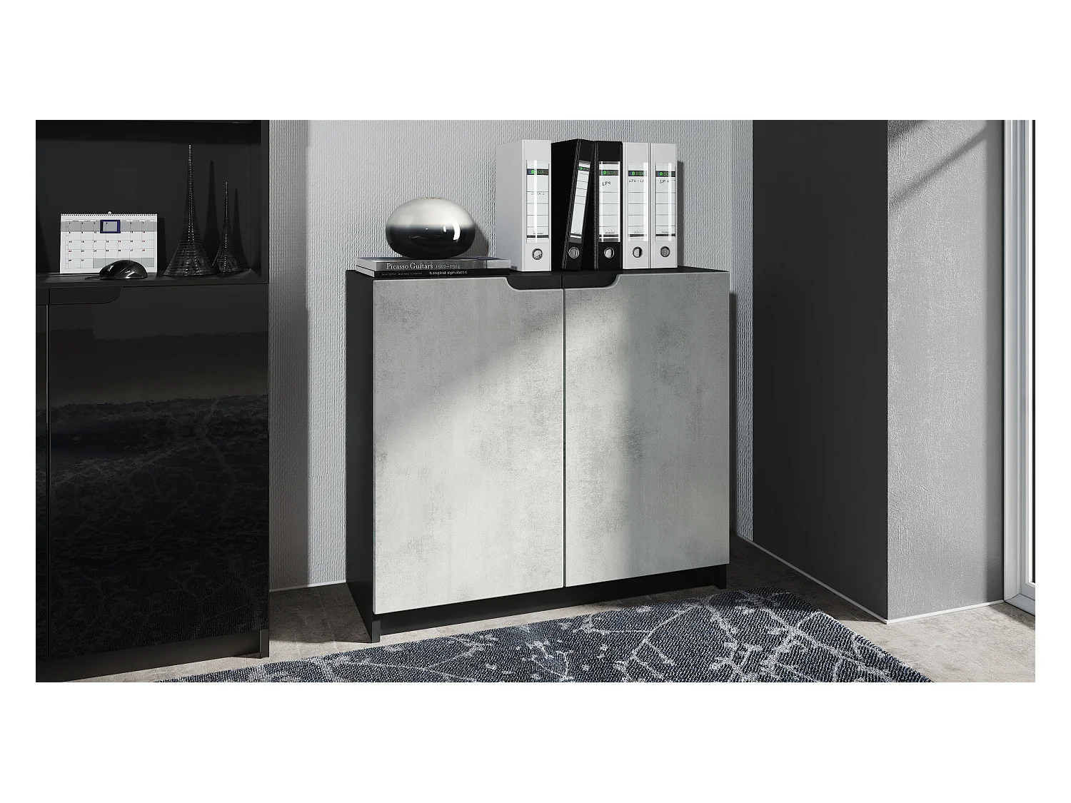 Buffet Logan, Commode avec 2 portes, noir mat/aspect béton oxyde (82 x 78 x 37 cm)