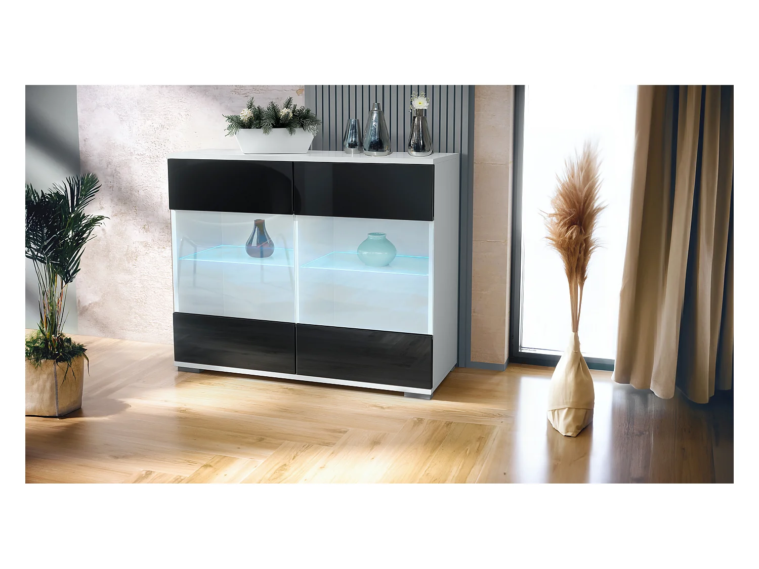 Commode Bari V3, Armoire de cuisine moderne avec 2 grandes portes vitrées incl. éclairage RGB blanc mat / noir haute brillance (92,5 x 75.5 x 35)