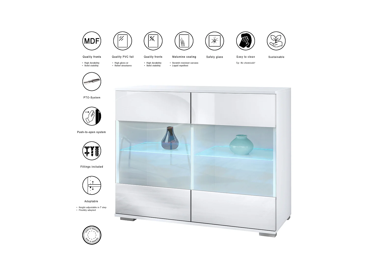 Commode Bari V3, Armoire de cuisine moderne avec 2 grandes portes vitrées incl. éclairage RGB blanc mat / noir haute brillance (92,5 x 75.5 x 35)