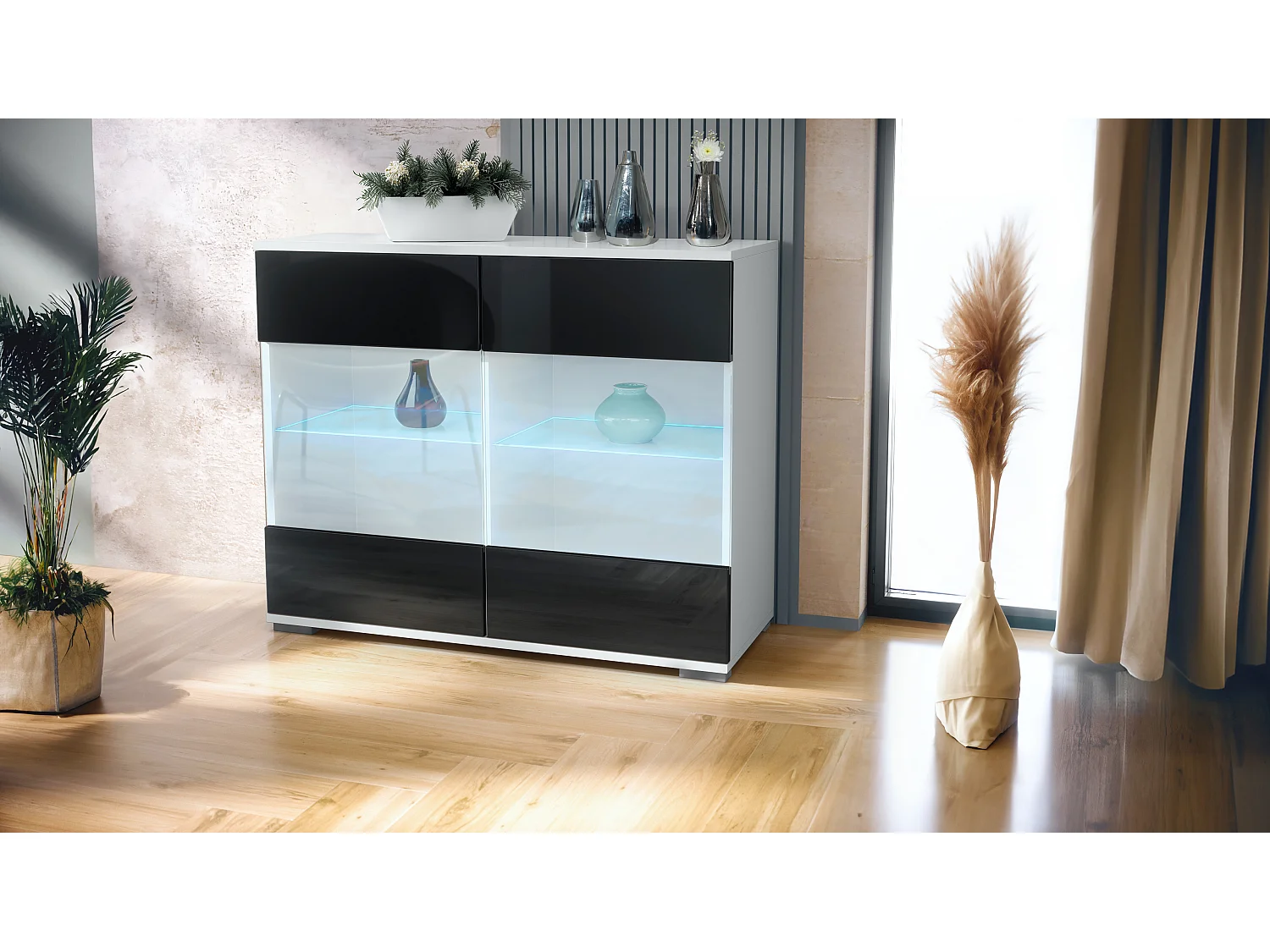 Cómoda Bari V3, Moderno armario de cocina con 2 grandes puertas de cristal incl. iluminación RGB blanco mate / negro de alto brillo (92,5 x 75.5 x 35)