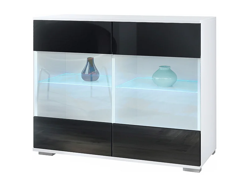 Commode Bari V3, Armoire de cuisine moderne avec 2 grandes portes vitrées incl. éclairage RGB blanc mat / noir haute brillance (92,5 x 75.5 x 35)