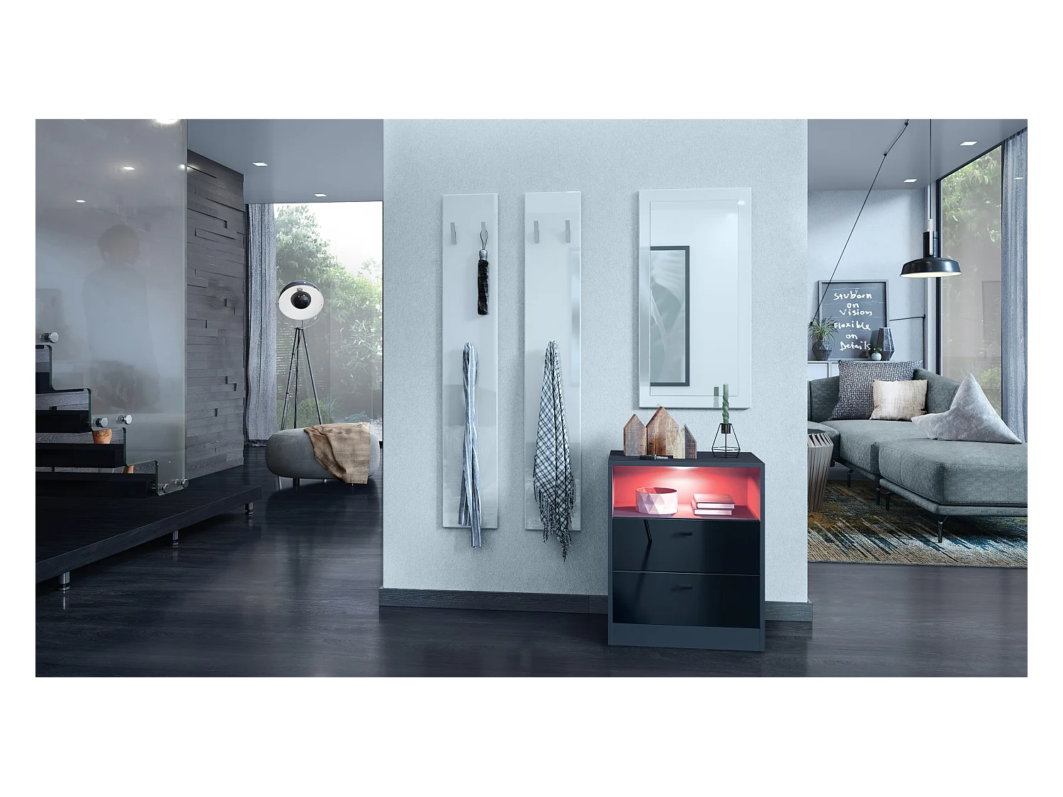 Buffet Pino V1, table de chevet avec 2 tiroirs & 1 compartiment ouvert, Anthracite mat/Noir haute brillance avec éclairage LED RVB (56 x 67,5 x 36 cm)