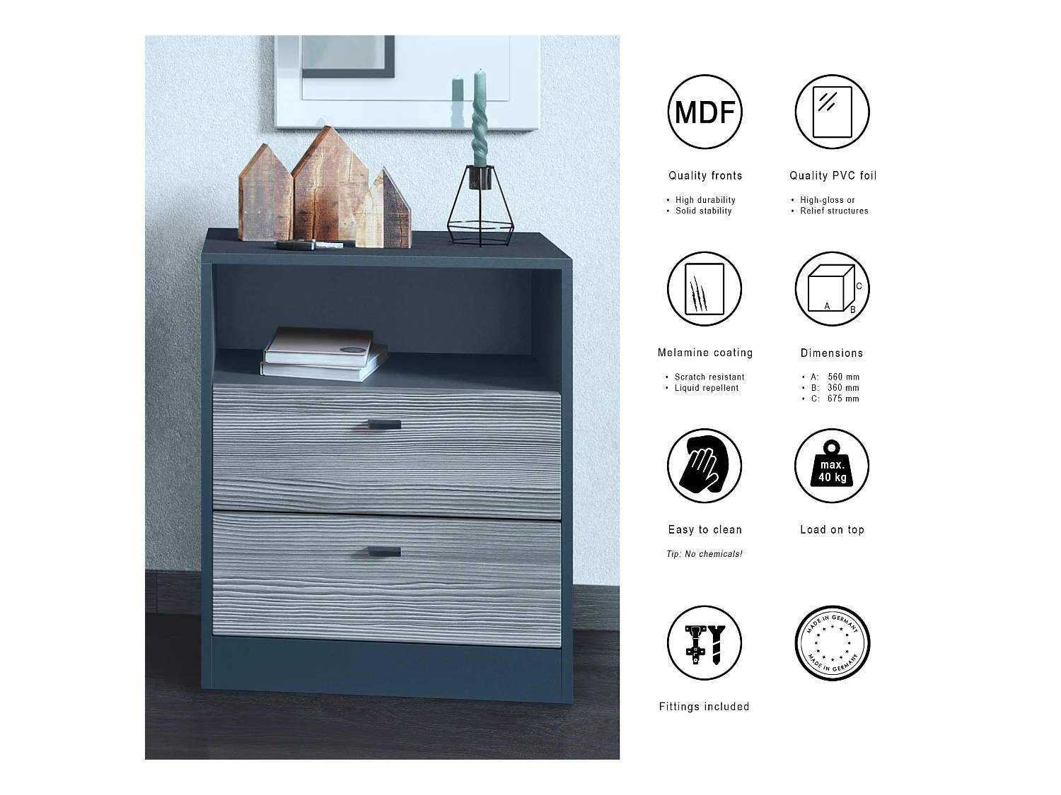 Buffet Pino V1, table de chevet avec 2 tiroirs & 1 compartiment ouvert, Anthracite mat/Noir haute brillance avec éclairage LED RVB (56 x 67,5 x 36 cm)