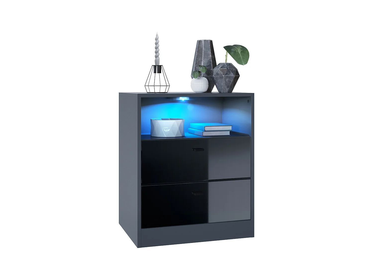 Buffet Pino V1, table de chevet avec 2 tiroirs & 1 compartiment ouvert, Anthracite mat/Noir haute brillance avec éclairage LED RVB (56 x 67,5 x 36 cm)