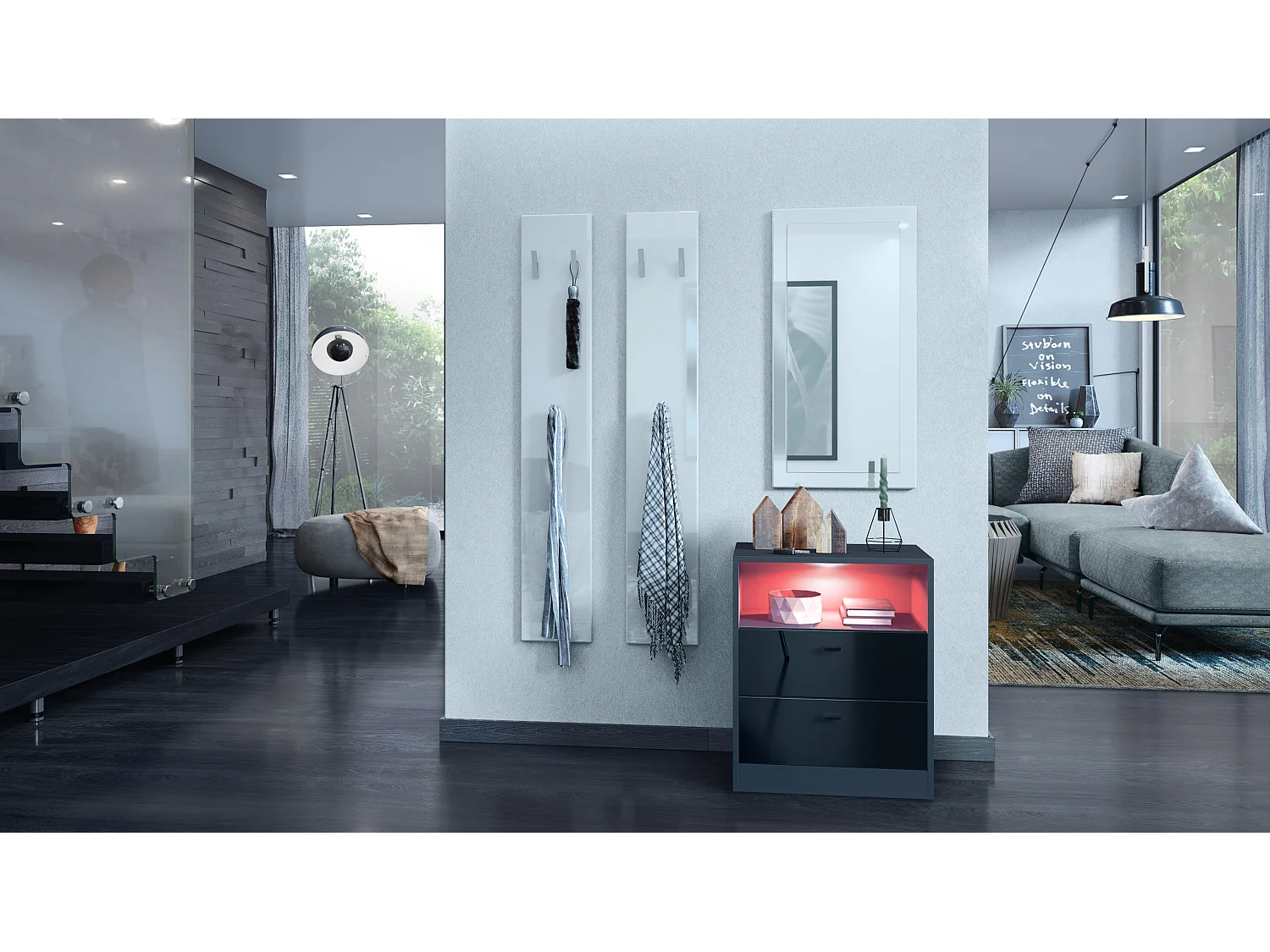 Cassettiera Pino V1, Comodino con 2 cassetti e 1 vano a giorno, antracite/nero lucido con LED RGB (56 x 67,5 x 36 cm)