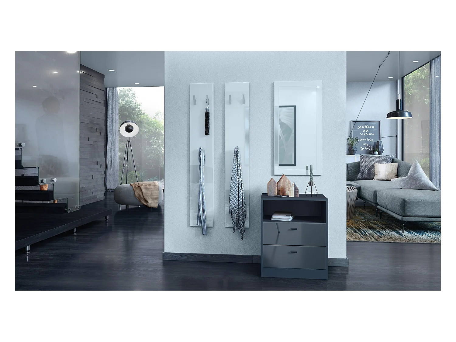 Buffet Pino V1, table de chevet avec 2 tiroirs & 1 compartiment ouvert, Anthracite mat/Gris haute brillance sans LED (56 x 67,5 x 36 cm)