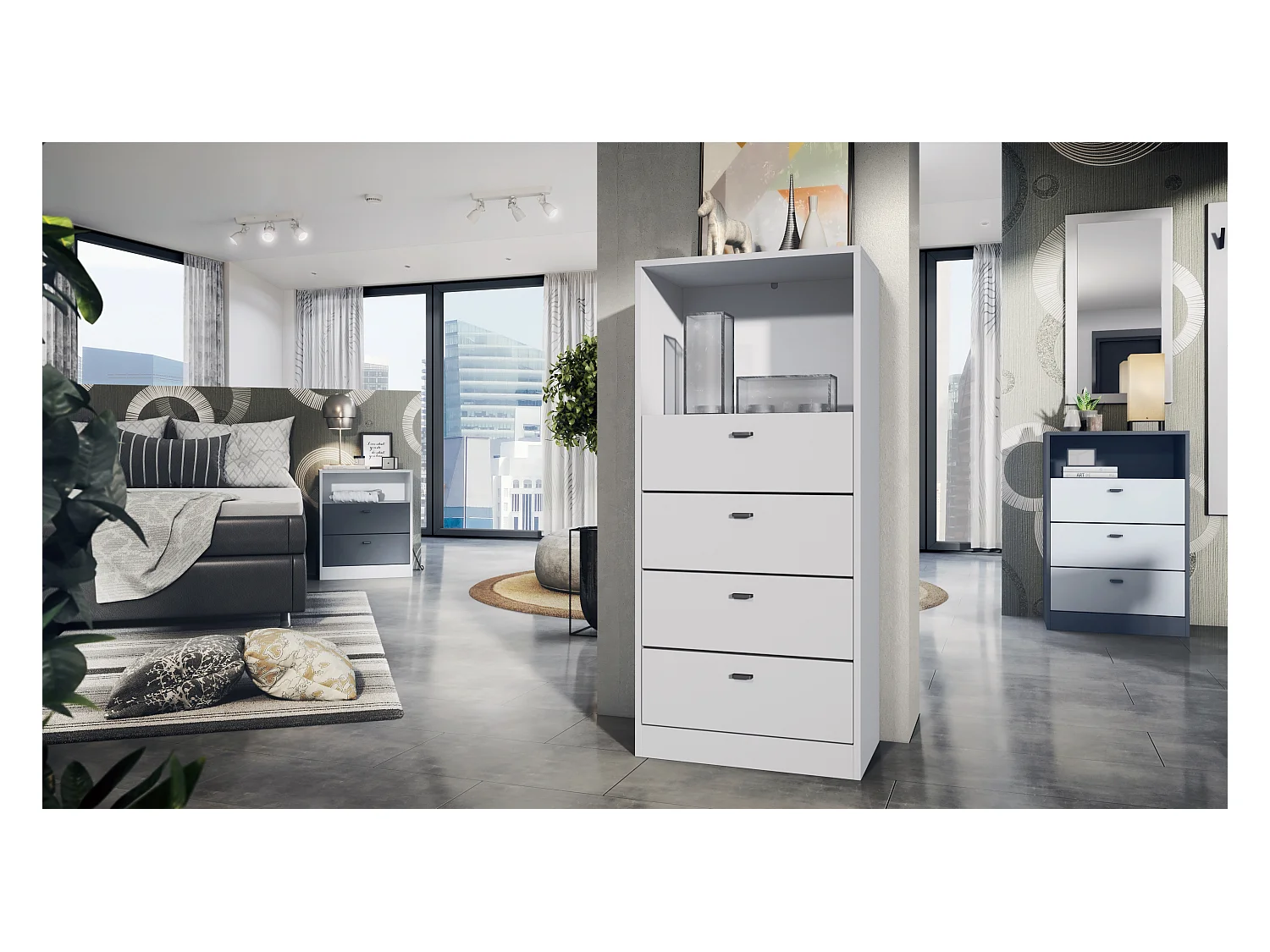 Buffet Pino V1, table de chevet avec 2 tiroirs & 1 compartiment ouvert, Anthracite mat/Gris haute brillance sans LED (56 x 67,5 x 36 cm)