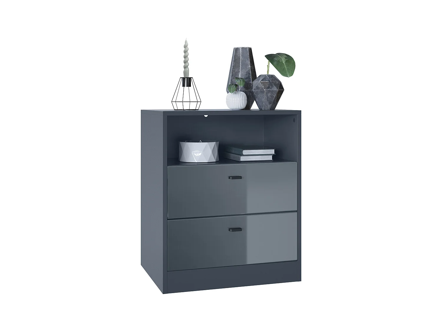 Buffet Pino V1, table de chevet avec 2 tiroirs & 1 compartiment ouvert, Anthracite mat/Gris haute brillance sans LED (56 x 67,5 x 36 cm)