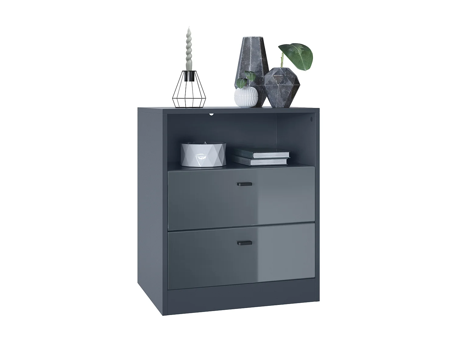 Buffet Pino V1, table de chevet avec 2 tiroirs & 1 compartiment ouvert, Anthracite mat/Gris haute brillance sans LED (56 x 67,5 x 36 cm)