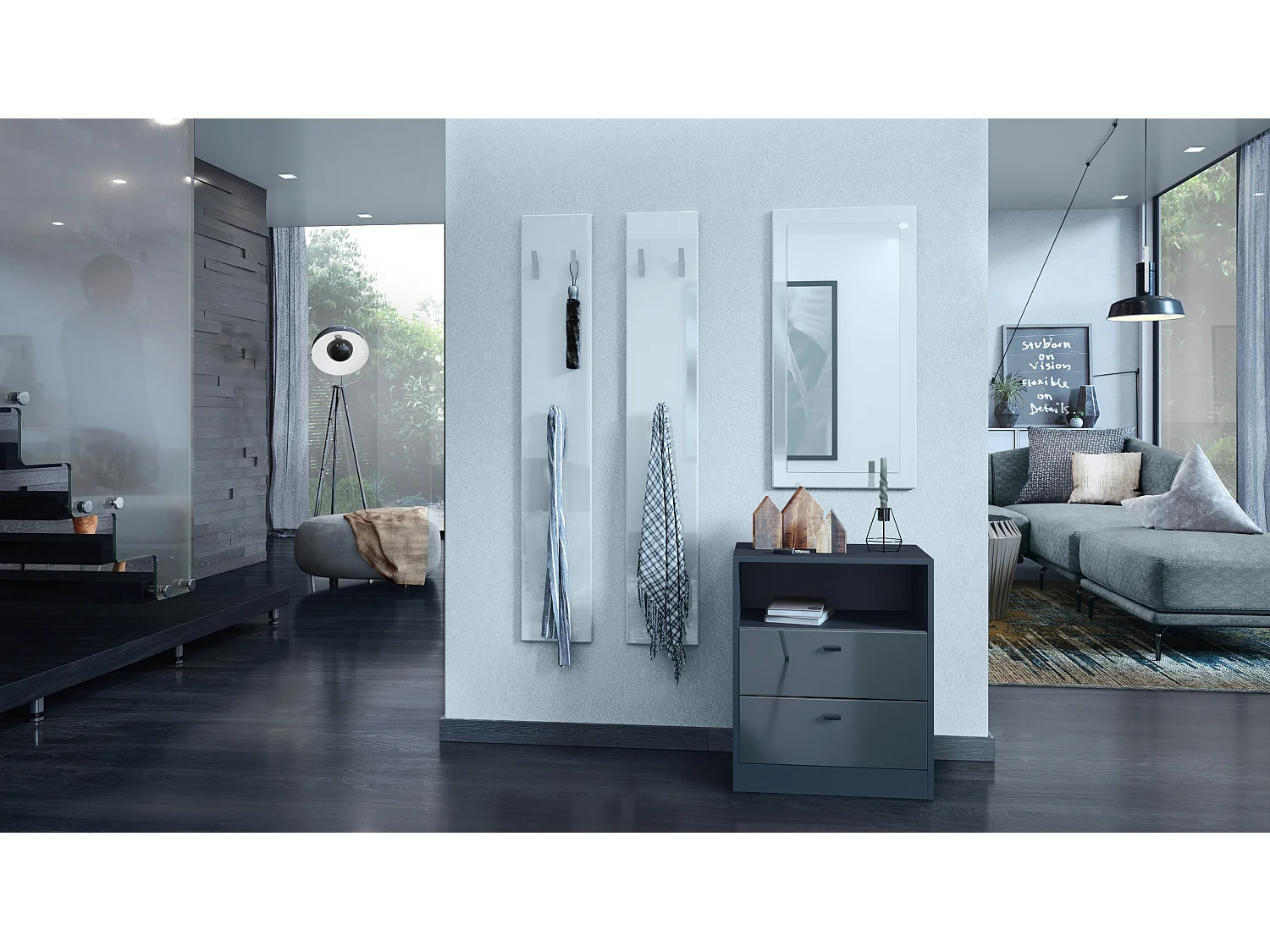 Buffet Pino V1, table de chevet avec 2 tiroirs & 1 compartiment ouvert, Anthracite mat/Gris haute brillance sans LED (56 x 67,5 x 36 cm)