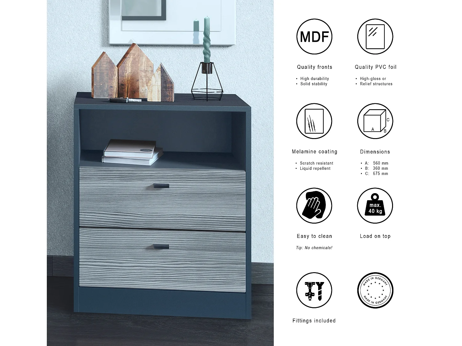 Buffet Pino V1, table de chevet avec 2 tiroirs & 1 compartiment ouvert, Anthracite mat/Gris haute brillance sans LED (56 x 67,5 x 36 cm)