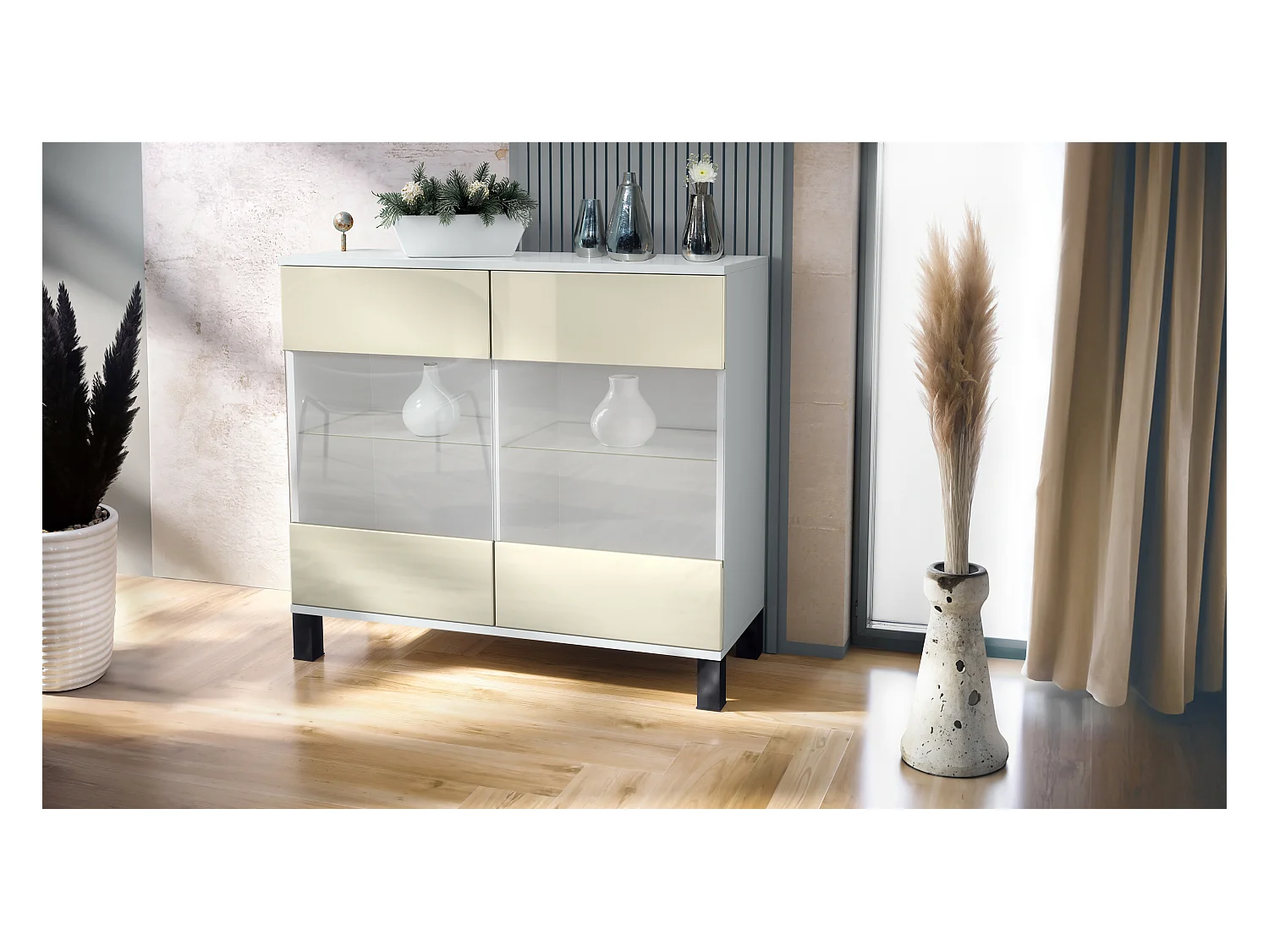 Cómoda Bari V3, Moderno armario de cocina con 2 grandes puertas de cristal blanco mate / crema de alto brillo (92,5 x 84.5 x 35)