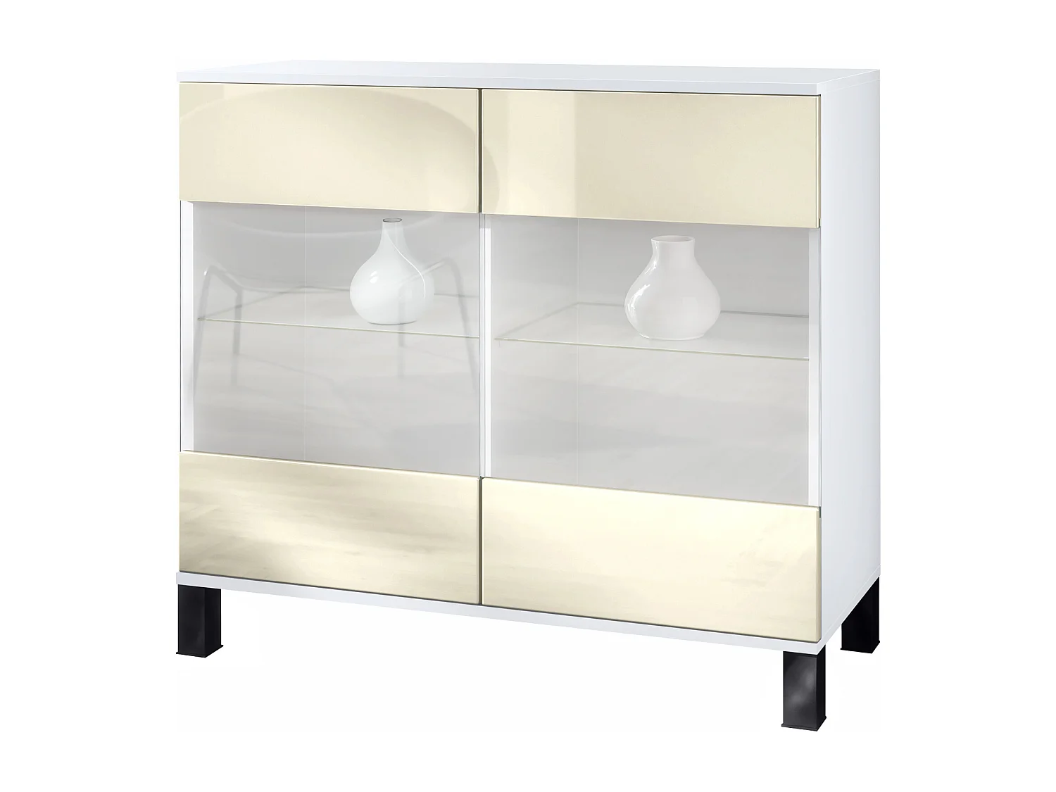 Commode Bari V3, Armoire de cuisine moderne avec 2 grandes portes vitrées blanc mat / crème haute brillance (92,5 x 84.5 x 35)