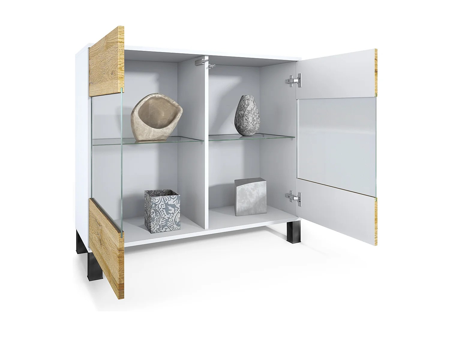 Commode Bari V3, Armoire de cuisine moderne avec 2 grandes portes vitrées blanc mat / crème haute brillance (92,5 x 84.5 x 35)