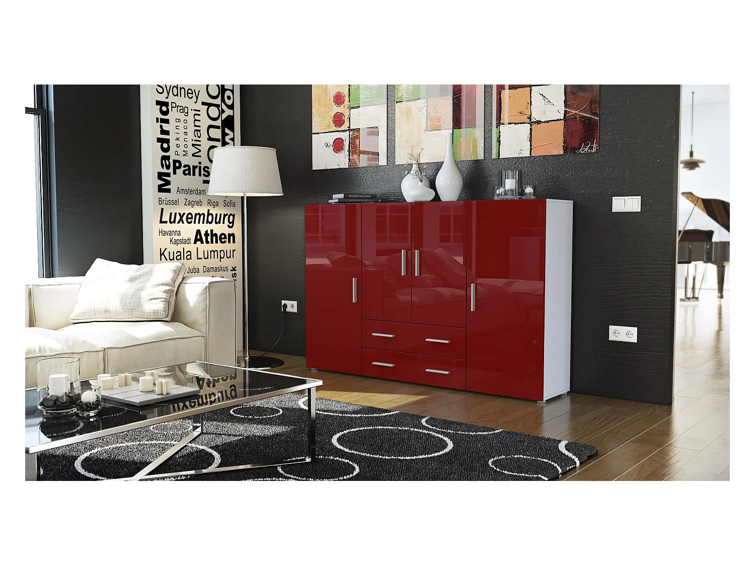 Le Buffet Haut Nora bahut avec 2 tiroirs et 4 portes avec un total de 8 compartiments derrière, blanc mat/bordeaux haute brillance (166,5 x 106,5 x 35 cm)