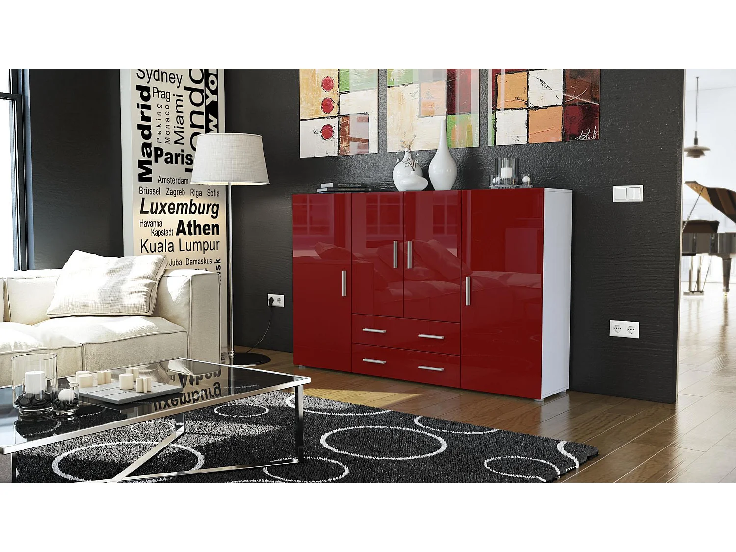 Highboard Nora Sideboard with 2 drawers and 4 doors with a total of 8 compartments behind, bianco opaco/bordeaux lucido (166.5 x 106.5 x 35 cm)