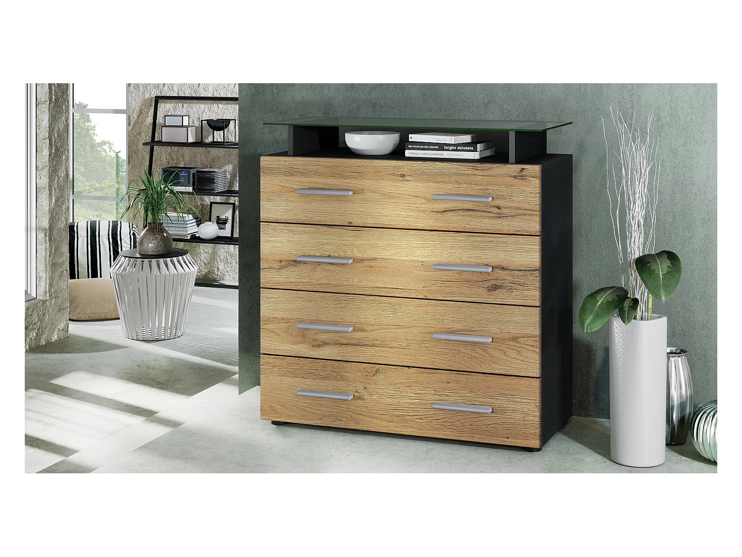 Buffet Pavos V2, Commode avec 4 tiroirs et mini-étagère en verre, noir mat/chêne nature (76 x 81 x 35 cm)