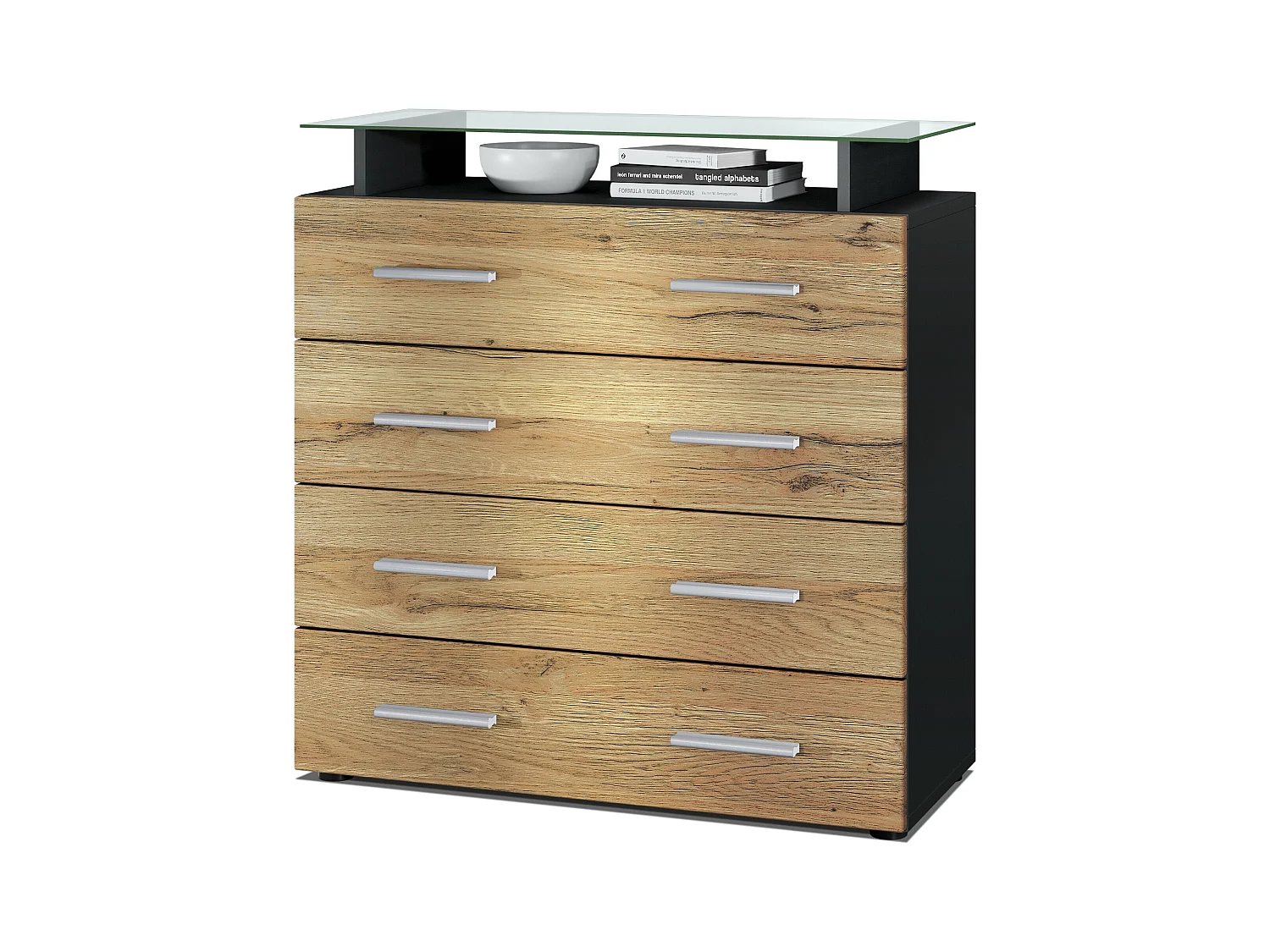 Buffet Pavos V2, Commode avec 4 tiroirs et mini-étagère en verre, noir mat/chêne nature (76 x 81 x 35 cm)