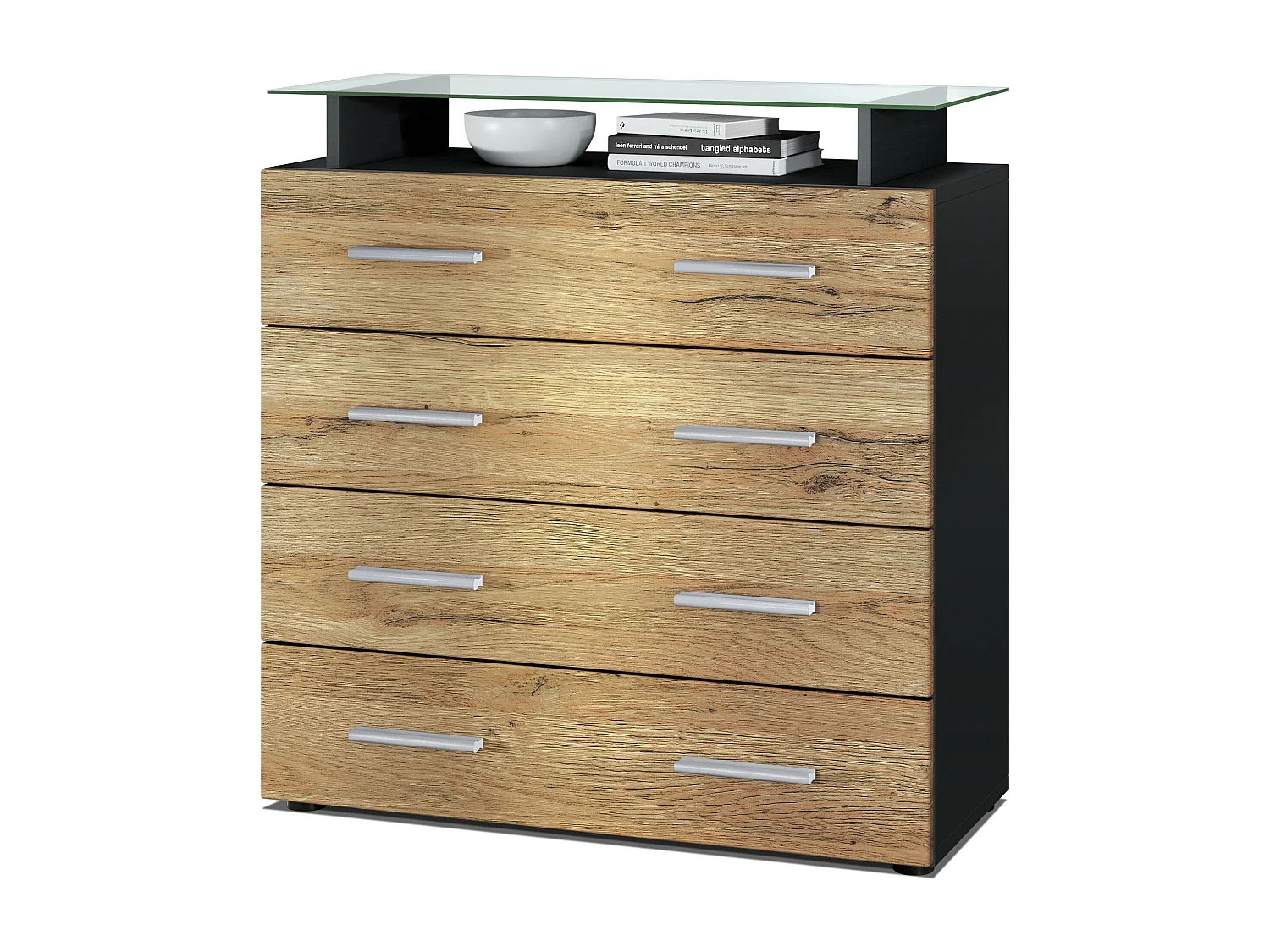 Vladon Madia Pavos V2, Mobile con 4 cassetti e ripiano in vetro, nero opaco/rovere naturale (76 x 81 x 35 cm)