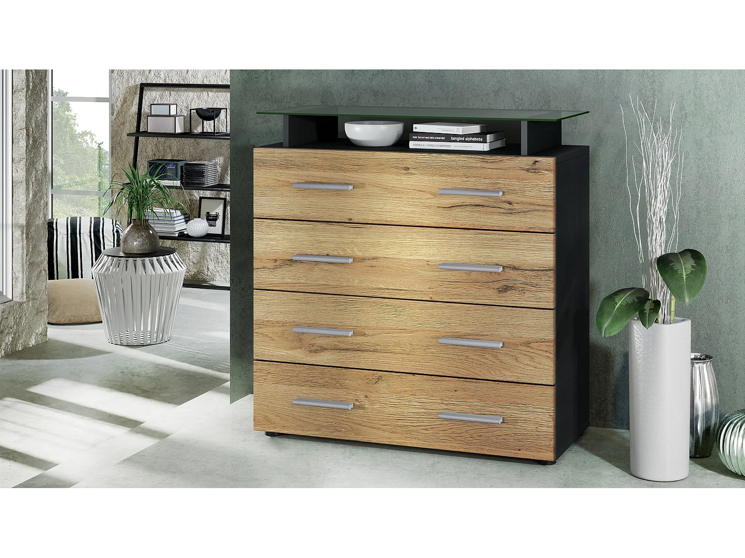 Vladon Madia Pavos V2, Mobile con 4 cassetti e ripiano in vetro, nero opaco/rovere naturale (76 x 81 x 35 cm)