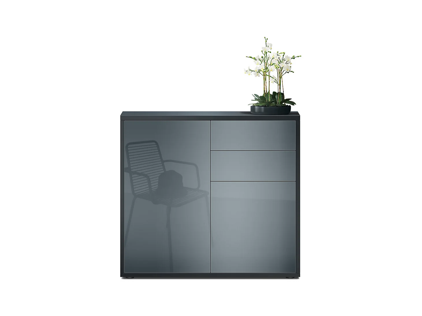 Buffet Ben, Commode avec 2 portes et 2 tiroirs, Noir mat/Gris haute brillance (79 x 74 x 36 cm)