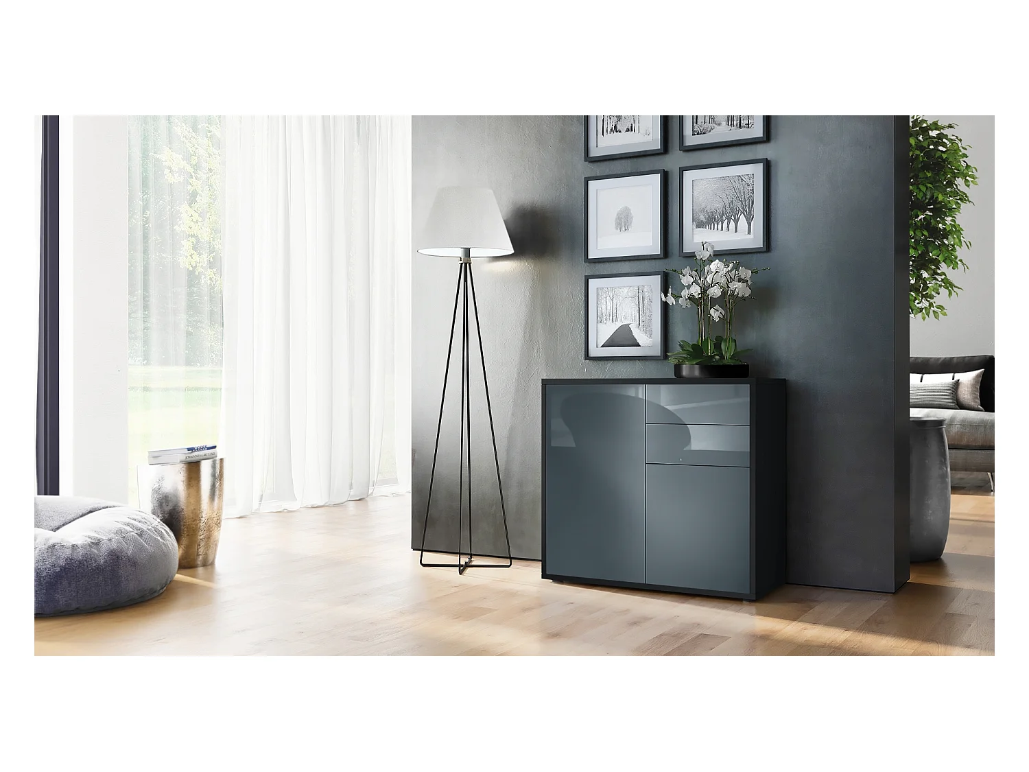 Buffet Ben, Commode avec 2 portes et 2 tiroirs, Noir mat/Gris haute brillance (79 x 74 x 36 cm)