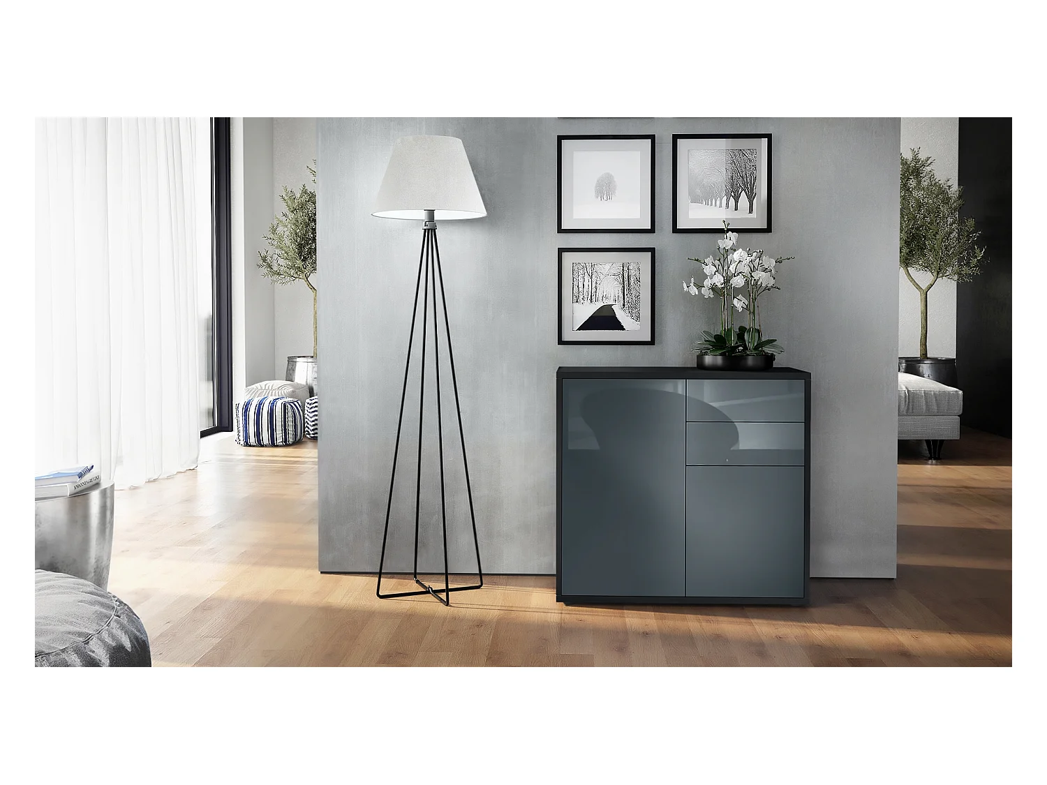 Buffet Ben, Commode avec 2 portes et 2 tiroirs, Noir mat/Gris haute brillance (79 x 74 x 36 cm)