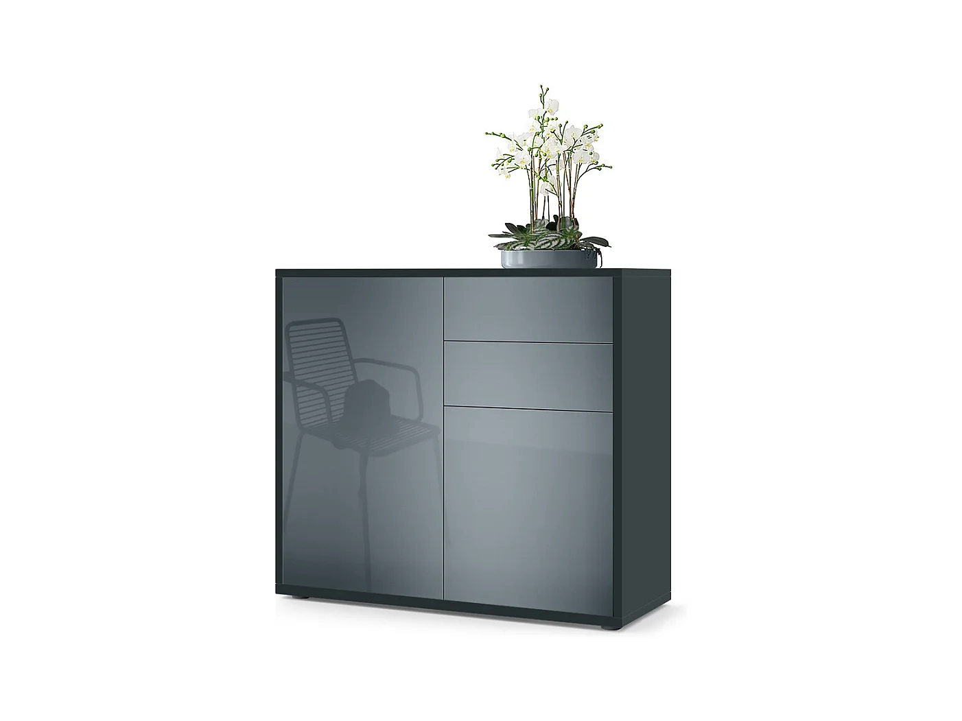Buffet Ben, Commode avec 2 portes et 2 tiroirs, Noir mat/Gris haute brillance (79 x 74 x 36 cm)