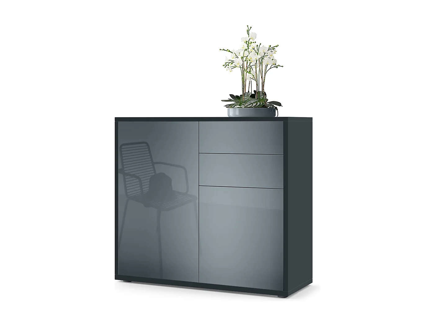 Madia  Ben, mobile con 2 ante e 2 cassetti, nero opaco/grigio lucido (79 x 74 x 36 cm)