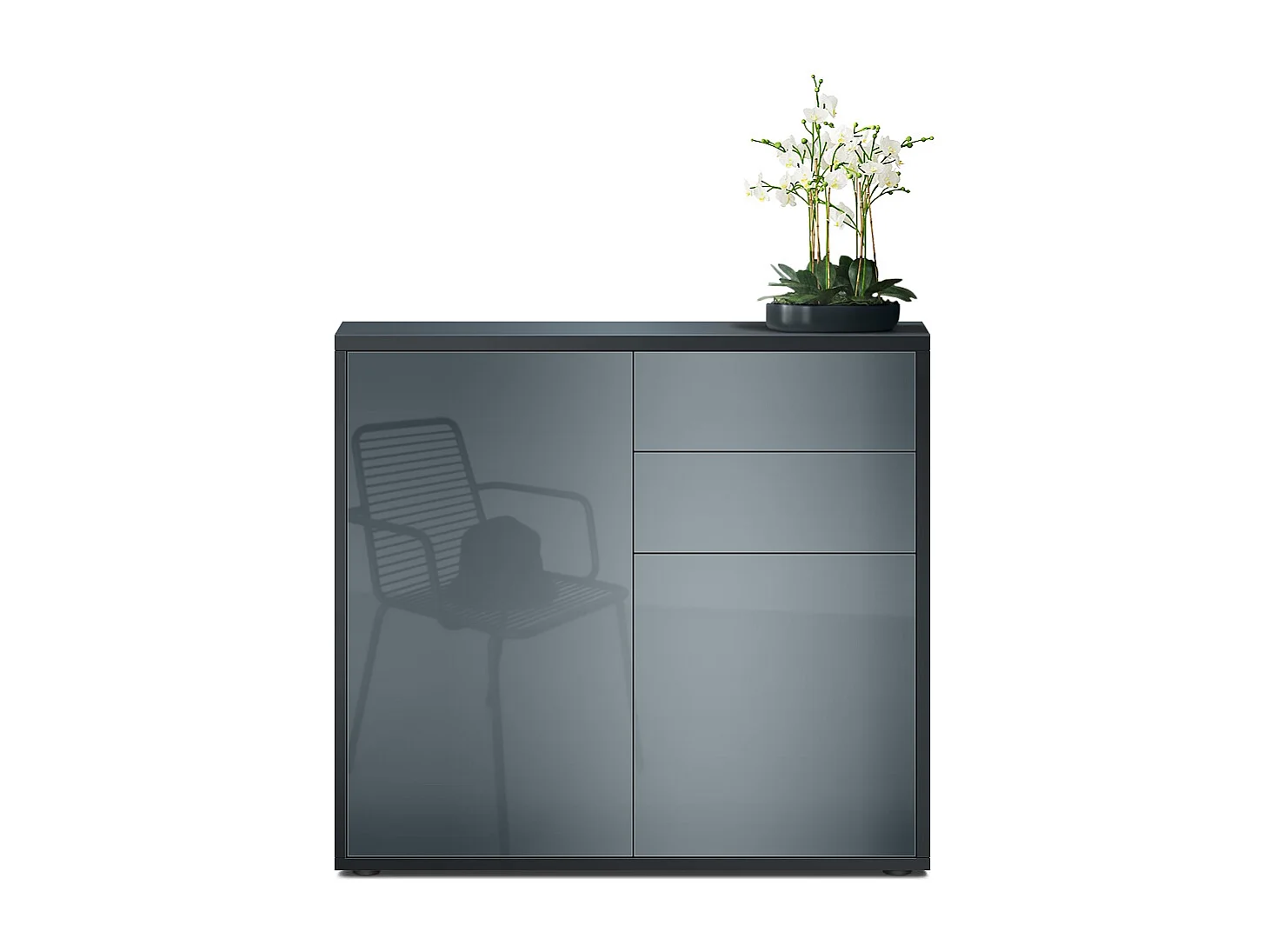 Madia  Ben, mobile con 2 ante e 2 cassetti, nero opaco/grigio lucido (79 x 74 x 36 cm)