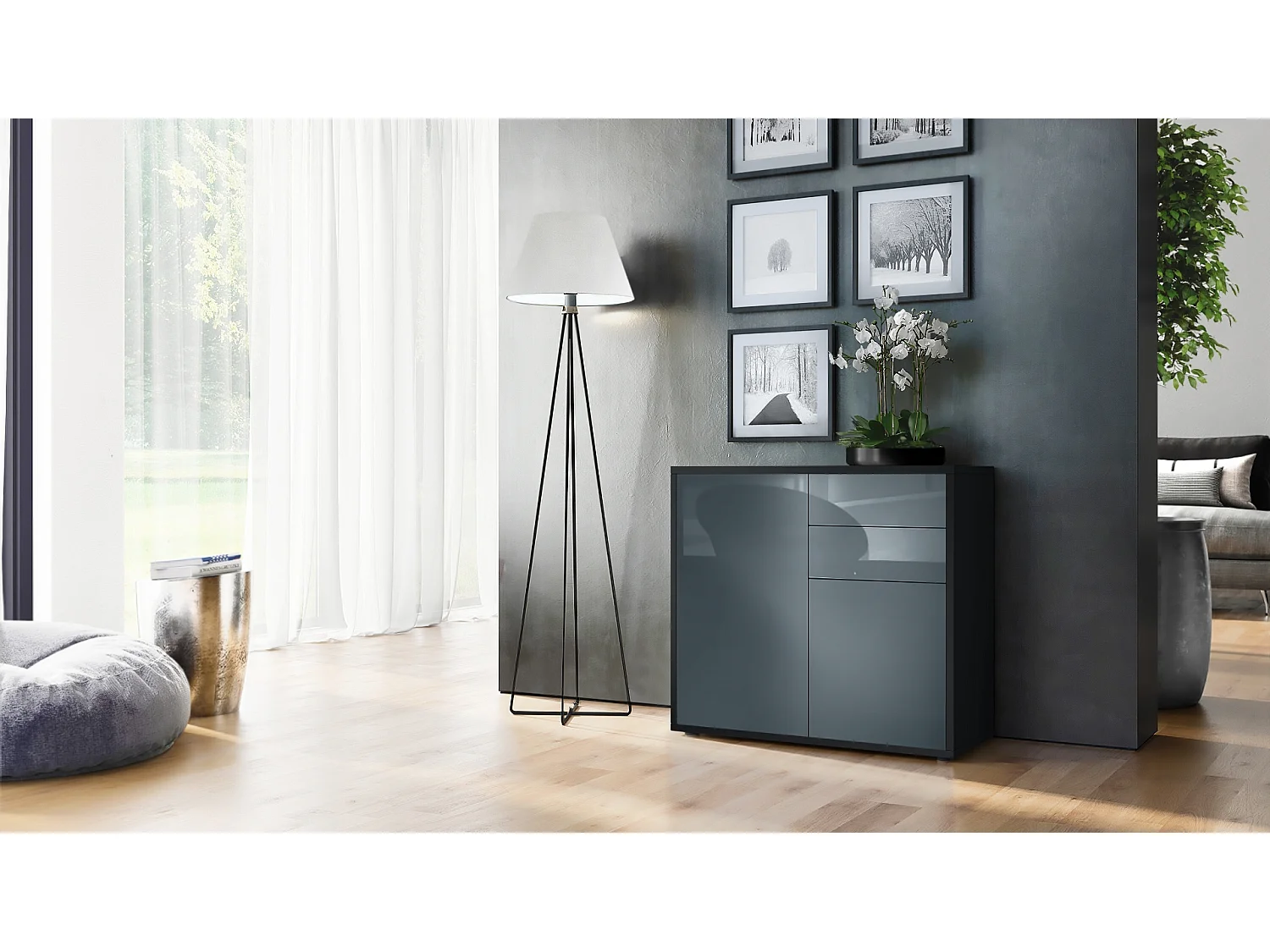 Madia  Ben, mobile con 2 ante e 2 cassetti, nero opaco/grigio lucido (79 x 74 x 36 cm)