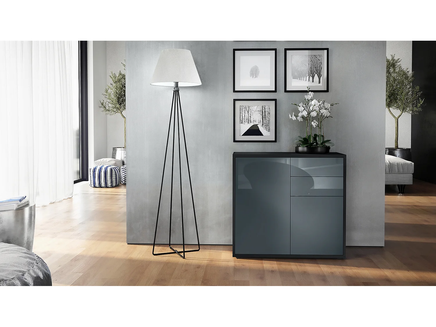 Madia  Ben, mobile con 2 ante e 2 cassetti, nero opaco/grigio lucido (79 x 74 x 36 cm)