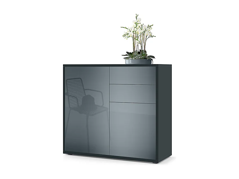Buffet Ben, Commode avec 2 portes et 2 tiroirs, Noir mat/Gris haute brillance (79 x 74 x 36 cm)