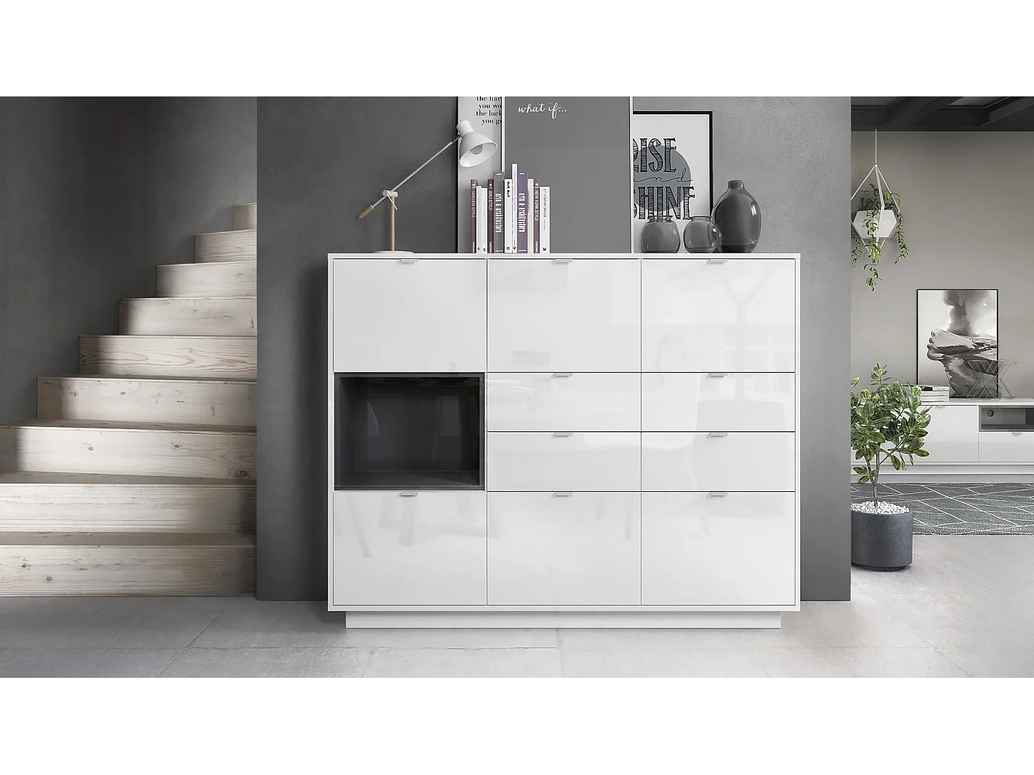 Madia Metro V2, struttura in bianco lucido / frontale in bianco lucido con inserto in nero lucido