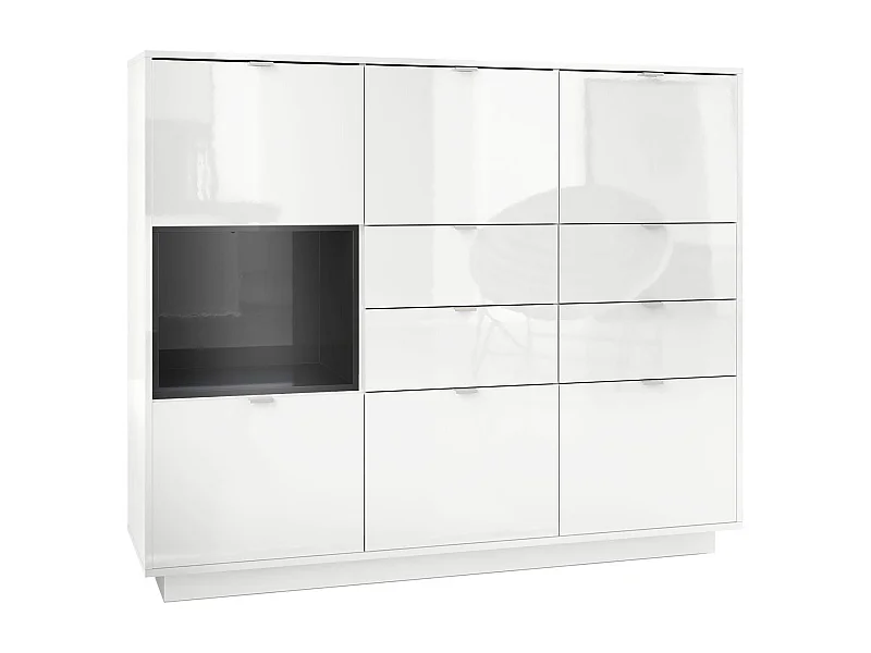 Buffet haut Armoire Metro V2, Corps en Blanc haute brillance / Façades en Blanc haute brillance avec une insertion en Noir haute brillance