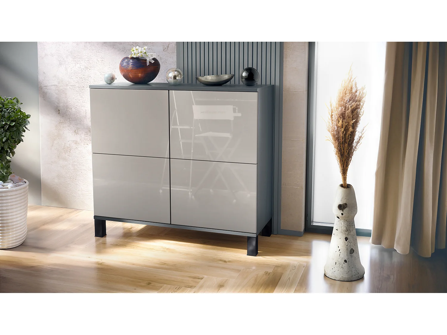 Credenza Rova V3 – Mobile da cucina moderno con 4 ante Push-to-Open antracite opaco  / grigio sabbia lucido (92,5 x 84.5 x 35)