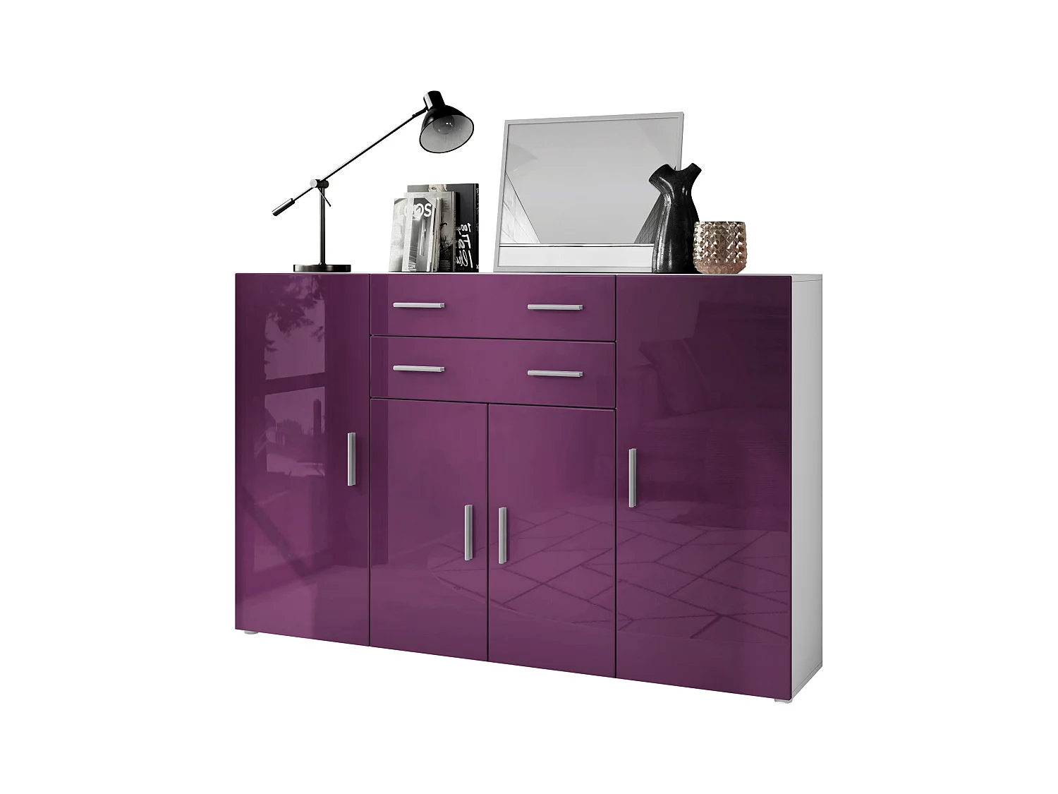 Le Buffet Haut Aron bahut avec 2 tiroirs et 4 portes avec un total de 8 compartiments derrière, blanc mat/mûre haute brillance (166,5 x 106,5 x 35 cm)