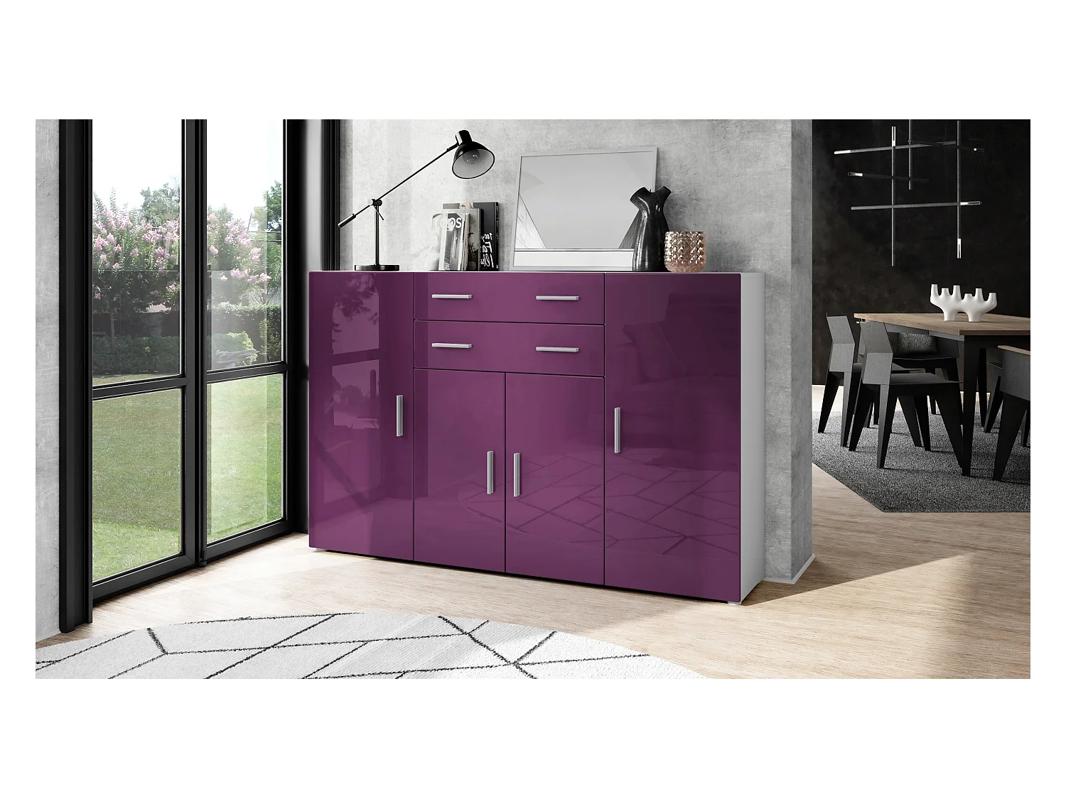 Le Buffet Haut Aron bahut avec 2 tiroirs et 4 portes avec un total de 8 compartiments derrière, blanc mat/mûre haute brillance (166,5 x 106,5 x 35 cm)