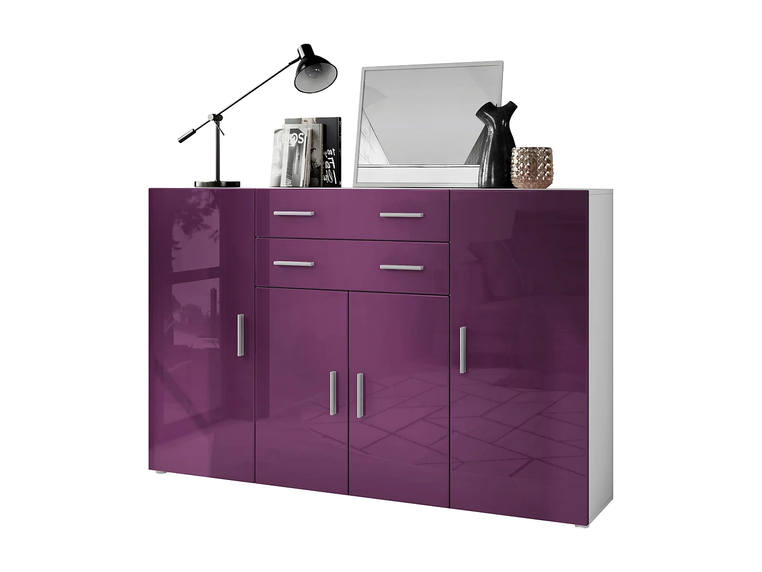 Highboard Aron Sideboard with 2 drawers and 4 doors with a total of 8 compartments behind, bianco opaco/violetto porpora lucido (166.5 x 106.5 x 35 cm)