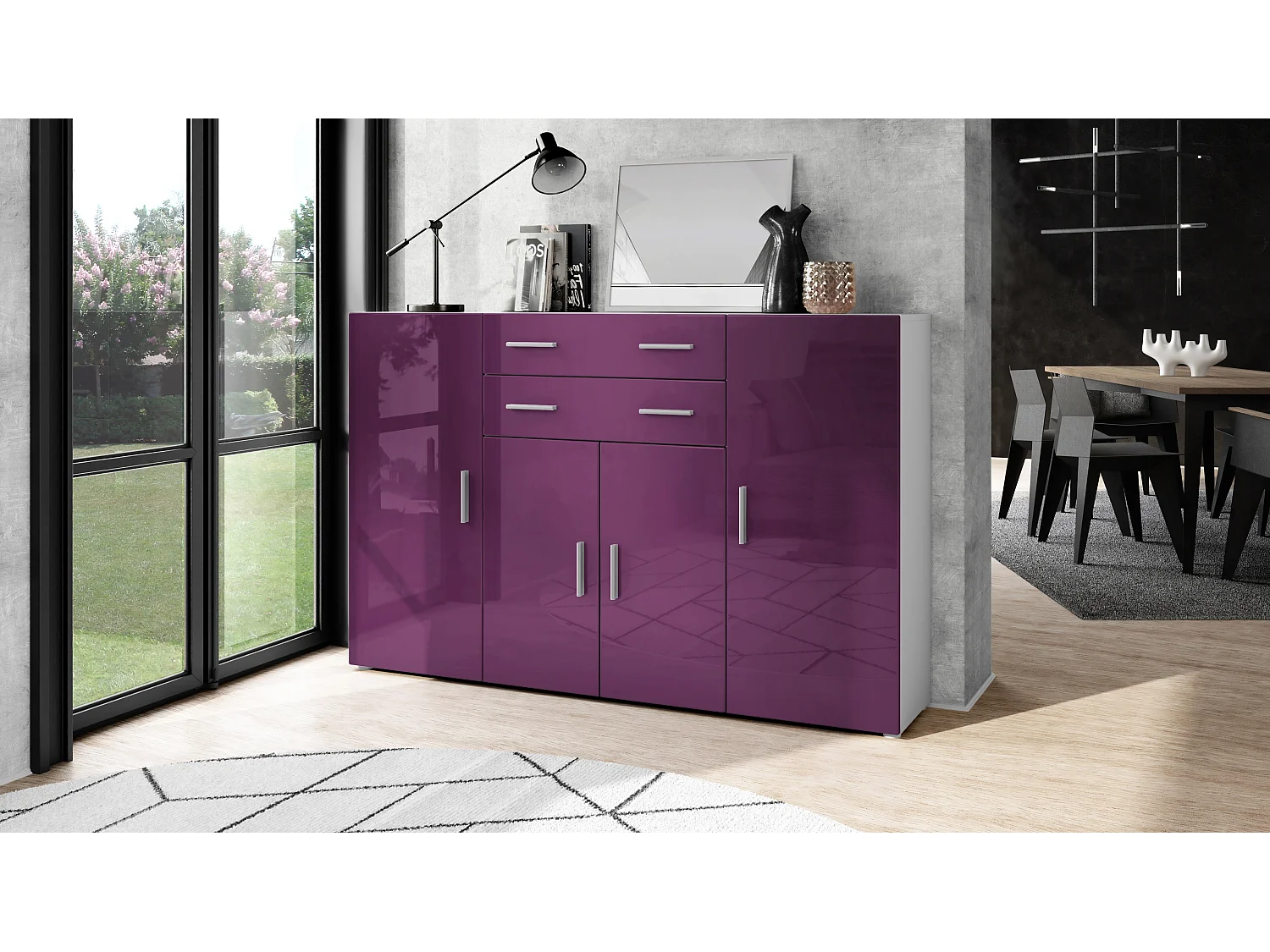 Highboard Aron Sideboard with 2 drawers and 4 doors with a total of 8 compartments behind, bianco opaco/violetto porpora lucido (166.5 x 106.5 x 35 cm)