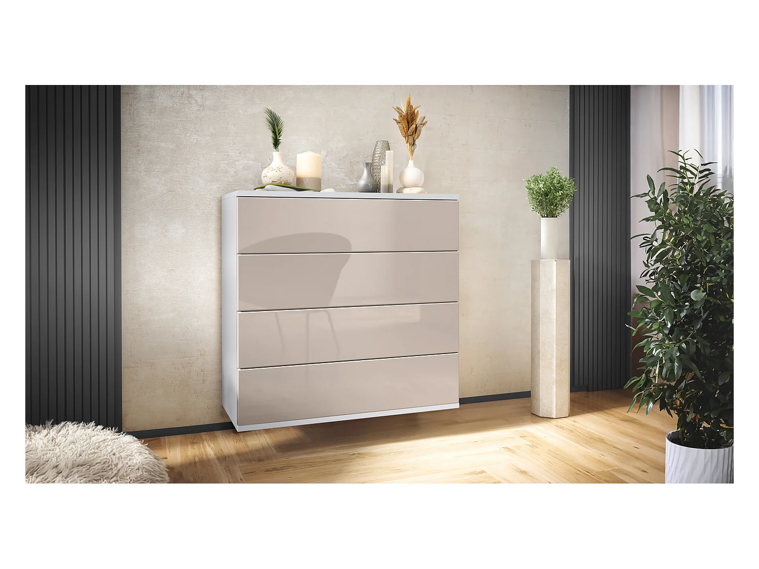 Commode suspendue Pavos V3, Buffet avec 4 tiroirs blanc mat/gris sable haute brillance (76 x 76 x 35 cm)